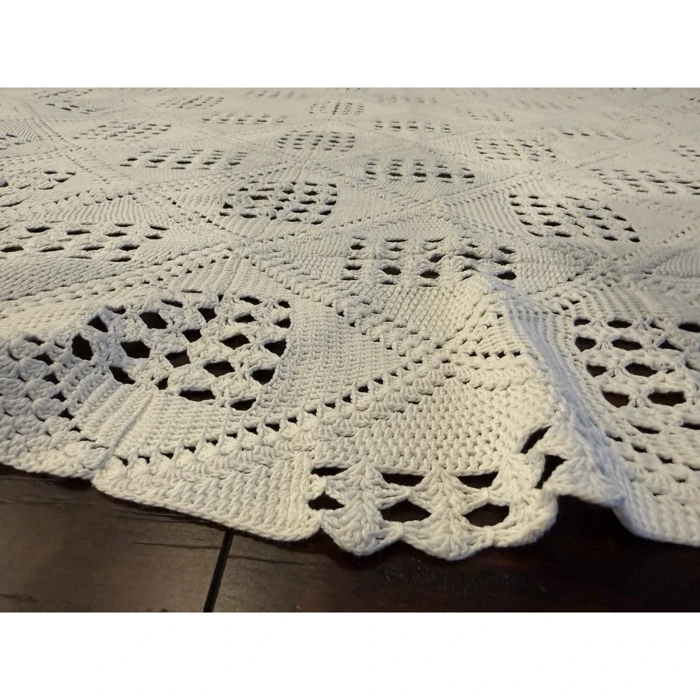 Vtg  Crocheted White Bed Cover  Blanket Tablecloth Queen Throw 82x73 Boho